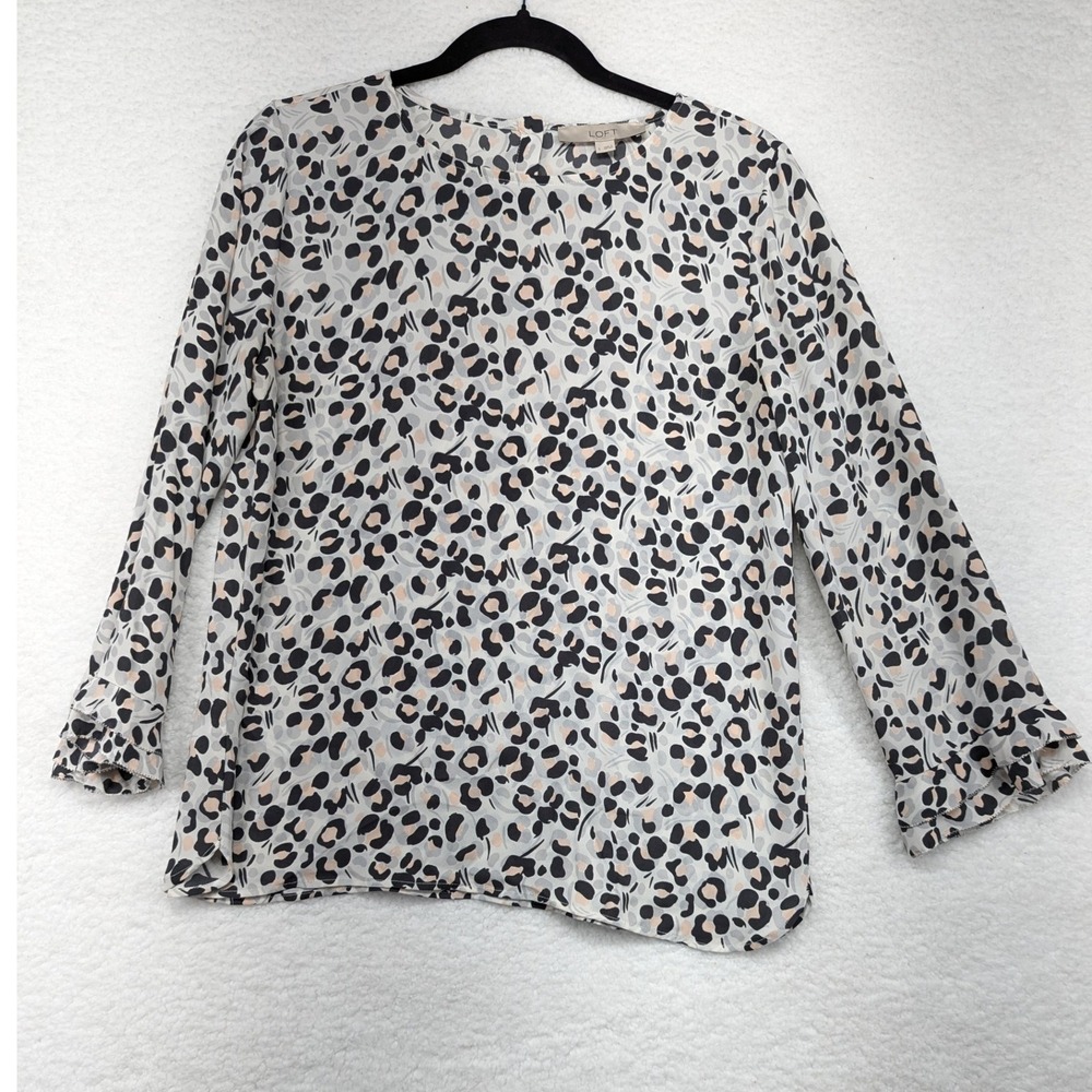 LOFT Womens Blouse Top Size Small Leopard Print Long‎ Sleeve Ruffle Cuff